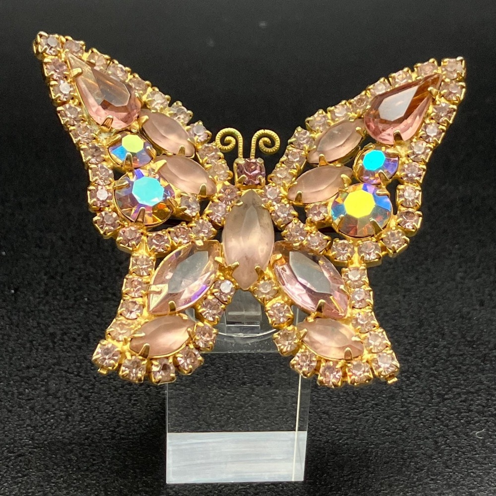 Signed Weiss Butterfly Brooch Pink Frost AB Rhinestone Gold Tone 1950s - Picture 4 of 9